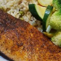 Blackened Salmon Dinner ·  served with rice pilaf and mixed vegetables