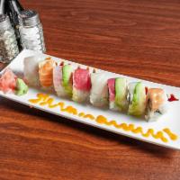 Rainbow Roll · Raw. Cali, roll top with tuna, salmon, red snapper, white tuna, & avocado.