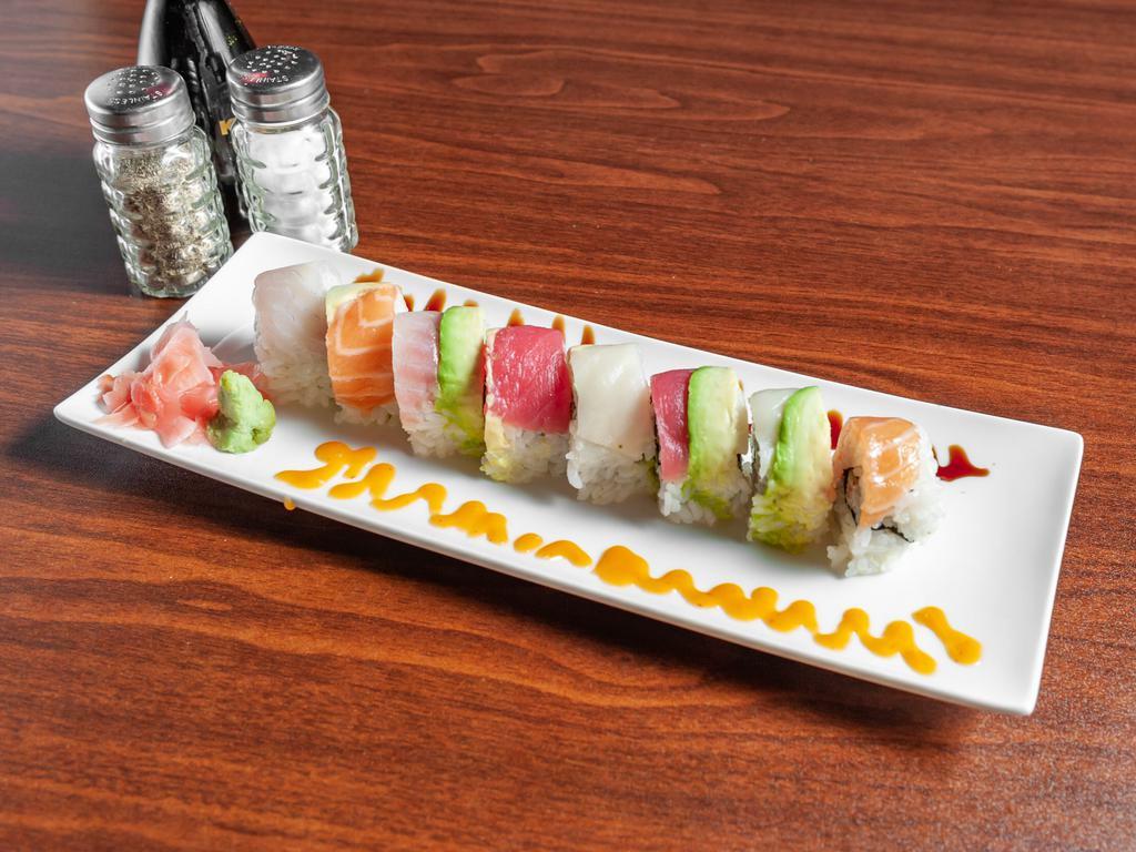 Rainbow Roll · Raw. Cali, roll top with tuna, salmon, red snapper, white tuna, & avocado.