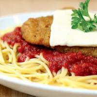 Spaghetti with Chicken · Our lightly-breaded chicken breast topped with mozzarella cheese and special recipe tomato s...