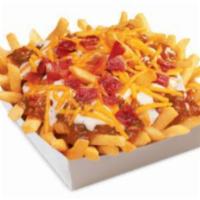 Bacon Ranch Chili Cheese Fries · Fried potatoes topped with bacon ranch, cheese, and chili. 
