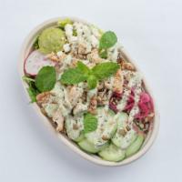 Green Glow Bowl · Grain Blend, Super Greens, Chicken, Avocado, Cucumber, Radish, Pickled Red Onion, Lemon Tahi...