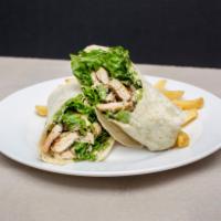 Chicken Caesar Wrap · Chicken, romaine lettuce, Parmesan cheese and Caesar dressing. Served with fries.