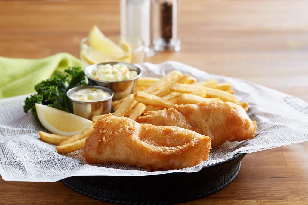 Fish & Chips · Premium cod fillets hand-battered to order in our signature fish and chips batter and deep-fried to a golden brown. Served with fries, coleslaw and big boy tartar sauce.