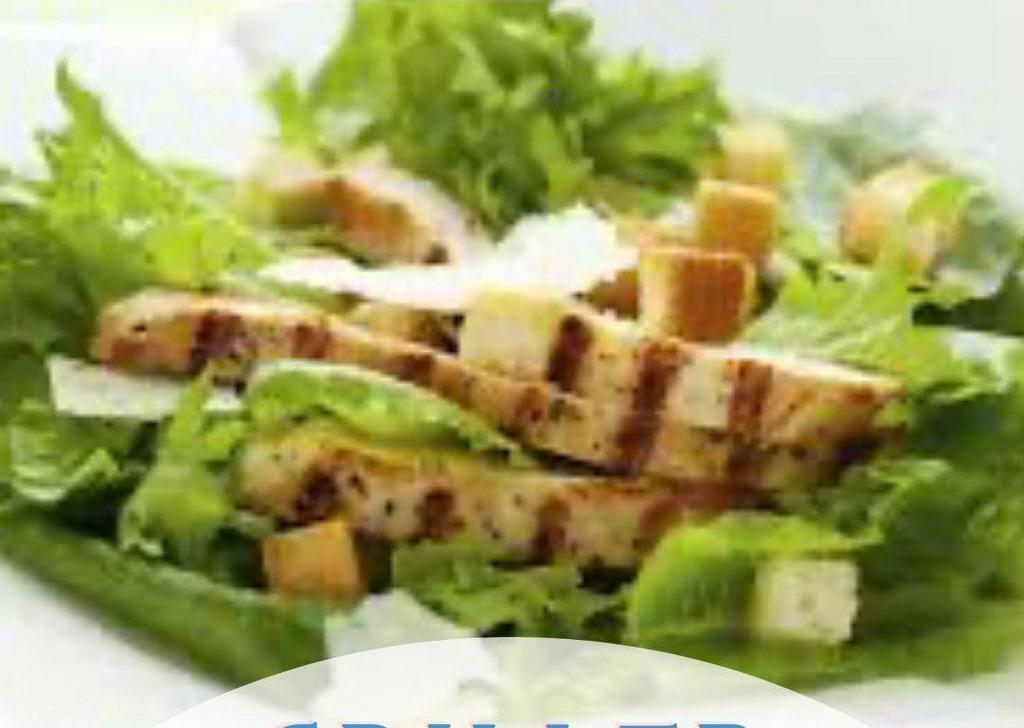Grilled Chicken Salad · Grilled chicken on salad mix with tomatoes, cucumbers, onions, croutons, cheddar Jack cheese and ranch dressing.