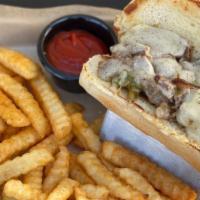 Philly Cheesesteak Sandwich · Steak Philly on hoagie bun topped with grilled peppers and grilled onions. Served with fries.