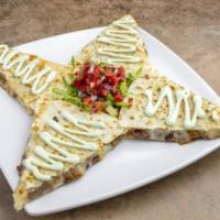 Super Quesadilla · Flour tortillas with cheese and your choice of chicken, steak, or pork with a side of  cilan...