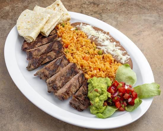 Carne Asada Plate · Grilled new york strip steak, pico de gallo, guacamole, rice, beans, quesadillas