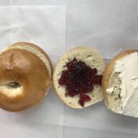 Cream Cheese in Jelly and  Bagel · Boiled and baked round bread roll.