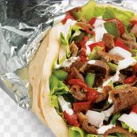 Lamb Gyro Lettuce tomato White sauce free can soda  · Cooked on a spit and wrapped in a pita.