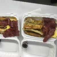  French toast egg and cheese and turkey bacon or beef bacon  · 