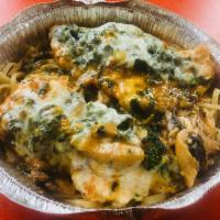 Chicken Jennifer · Sauteed chicken topped with fresh spinach, mushrooms, marsala wine sauce and melted mozzarel...