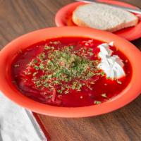 Borscht Soup · Meat, potato, cabbage, beet, carrot, tomato pasta, garlic, dill, laurel leaves,  salt, pepper