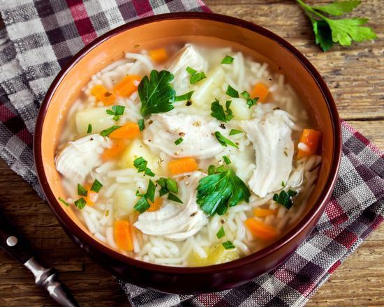 Fresh Chicken Noodle Soup · Soup that is made with chicken, broth, noodles, and vegetables.