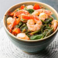 Saag Shrimp · Hearty prawns stewed with spinach served with a side of basmati rice. Gluten free.