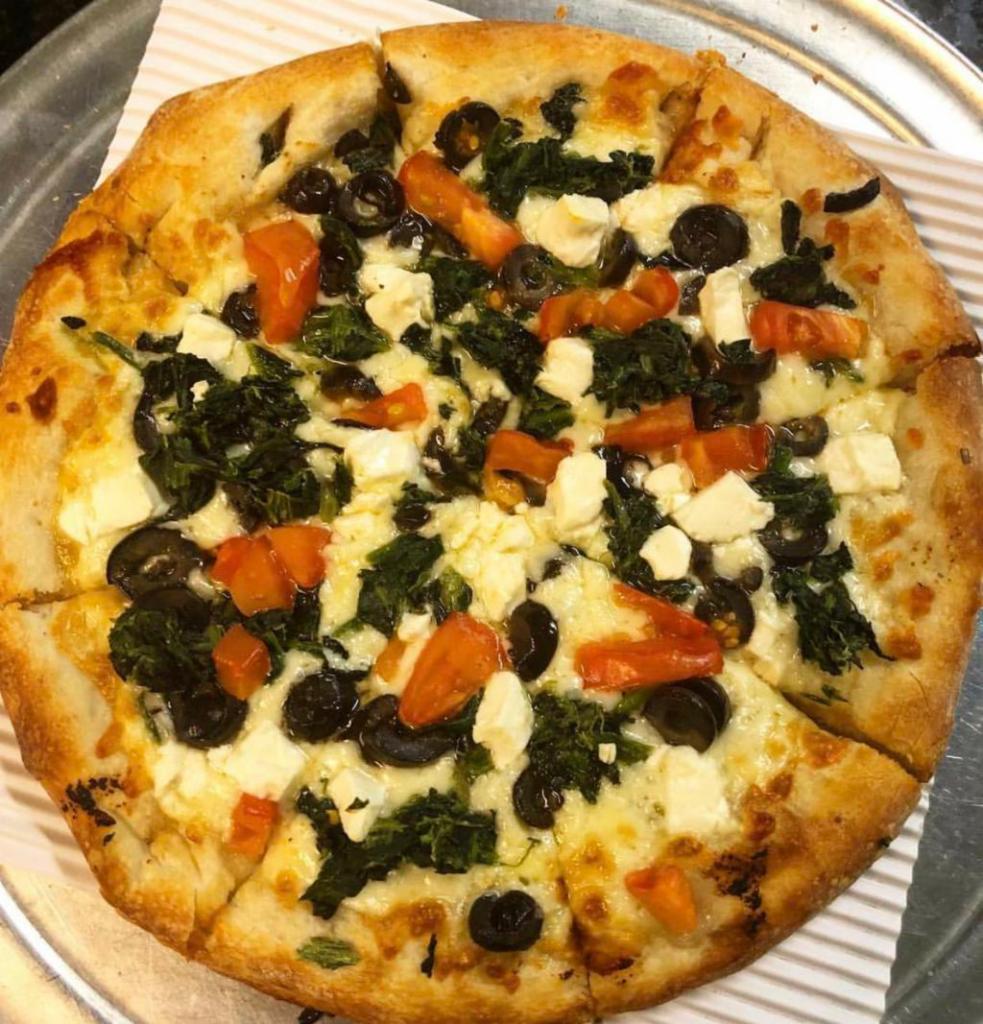 Greek Pizza · Spinach, feta, tomatoes and olives with red or white sauce. 