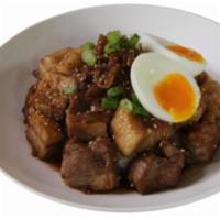 Fat Pork Belly Bowl · Rice with pork belly, boiled egg, scallion, and soy sauce.