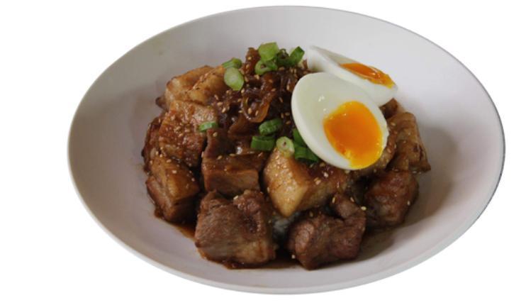 Fat Pork Belly Bowl · Rice with pork belly, boiled egg, scallion, and soy sauce.