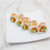 Veggie Roll · Avocado, cucumber, pickle daikon, pickle carrot, radish sprout and topped with sesame seeds.