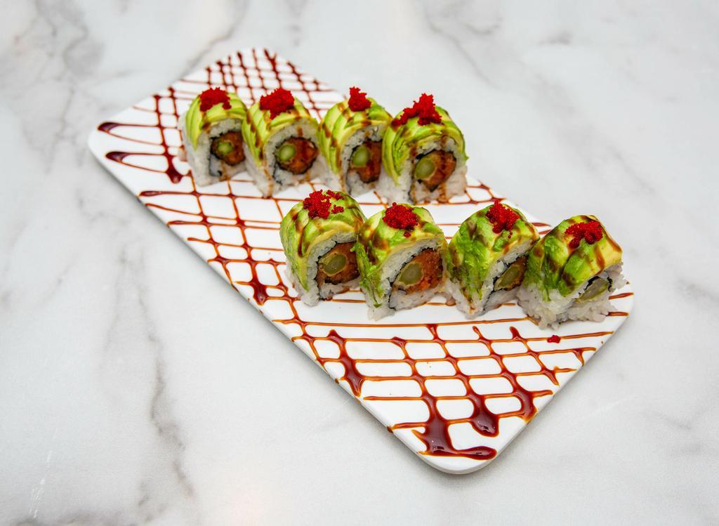 Blazer 0 Roll · Spicy tuna, tempura aspargaus and topped with avocado, eel sauce and orango tobiko.