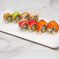 Rainbow Roll · Imitation crab, avocado, cucumber and topped with assorted sashimi.