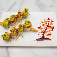 Spicy Tiger Roll · Tempura shrimp, cucumber and topped with spicy tuna, avocado, spicy mayo and green onion.