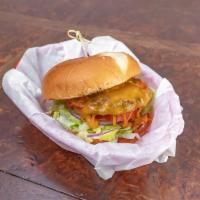 Single Deluxe Burger · 1 piece hand made seasoned beef patty, pickle, ketchup, mustard, lettuce, tomato, onion, che...