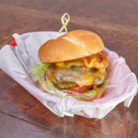 Double Deluxe Burger · 1 piece hand made seasoned beef patty, pickle, ketchup, mustard, lettuce, tomato, onion, che...