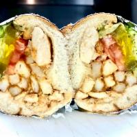 Fat Gyro Chicken Sandwich · Chicken gyro, fries, mozzarella stick, lettuce, tomato and pickles.
