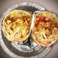 CHICKEN GYRO & EGGS WRAP  · Chicken gyro with Scrambled eggs, Lettuce, Tomato, white Sauce with side fries 