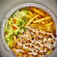 Gyro Chicken Platter · chicken gyro, rice, fries, salad and tzatziki.