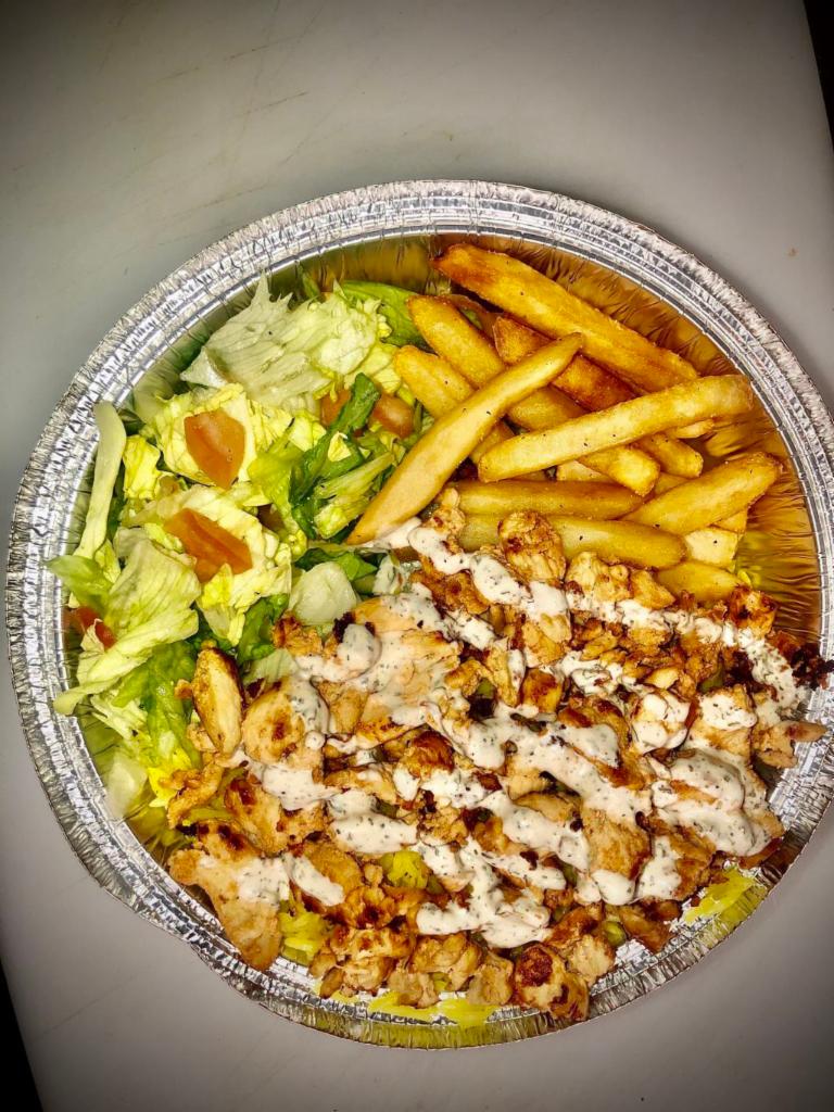 Gyro Chicken Platter · chicken gyro, rice, fries, salad and tzatziki.
