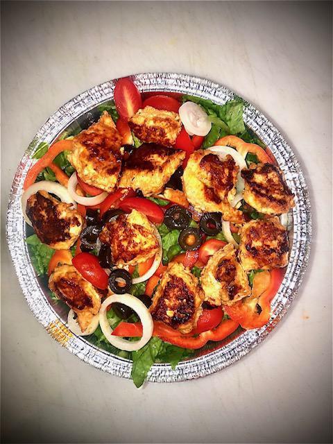 CHICKEN SOUVLAKI SALAD · with your choice of tahini or white sauce