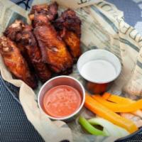 Buffalo Wings · Served with blue cheese, celery, and carrots.
