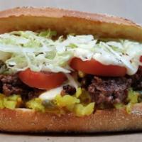 26. Chopped Cheese · chopped beef burger with green Peppers, onion lettuce and tomatoes.