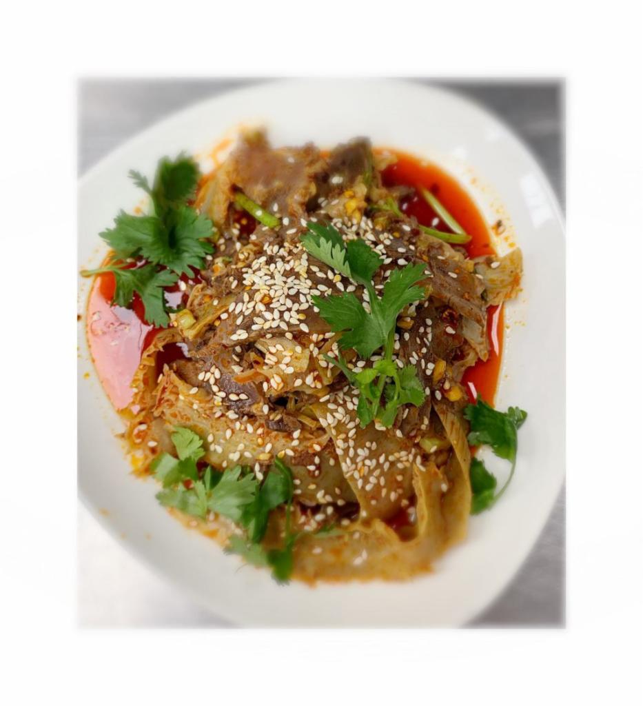 Sliced Beef and Tripe Seasoned 夫妻肺片 · Spicy. Cut into thin pieces. 