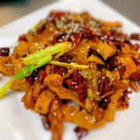 Crispy Pork Intestine Sichuan Style Special麻花肥肠 · Spicy.