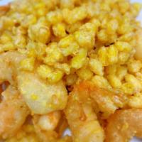 Shrimp Tossed with Salted Egg Yolk金沙玉米虾 · None Spicy Shell fish.