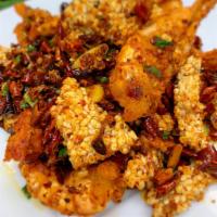 Shrimp with Crisp Rice and Dry Pepper锅巴虾 · Spicy Shell fish.