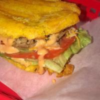 The Jibarito  · Sandwich made with flattened, fried green plantains as the bread, mayo ketchup, your choice ...