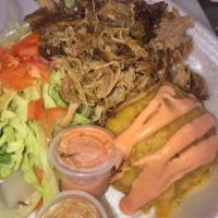 Mofongo Meal · Fried mashed green plantains with mashed garlic, with your choice of meat and a salad. Mofon...