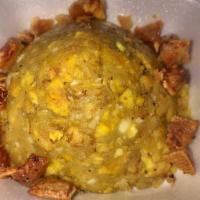 Mofongo · Fried mashed green plantains with mashed garlic. Small pieces of crunchy chicharron availabl...