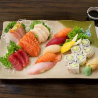 Sushi & Sashimi for 1 · 5 sushi, 12 sashimi and California roll. Served with miso soup and salad.