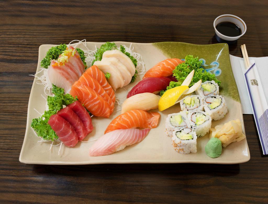 Sushi & Sashimi for 1 · 5 sushi, 12 sashimi and California roll. Served with miso soup and salad.