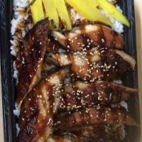 Eel Don · Broiled eel over rice. Served with miso soup and salad.