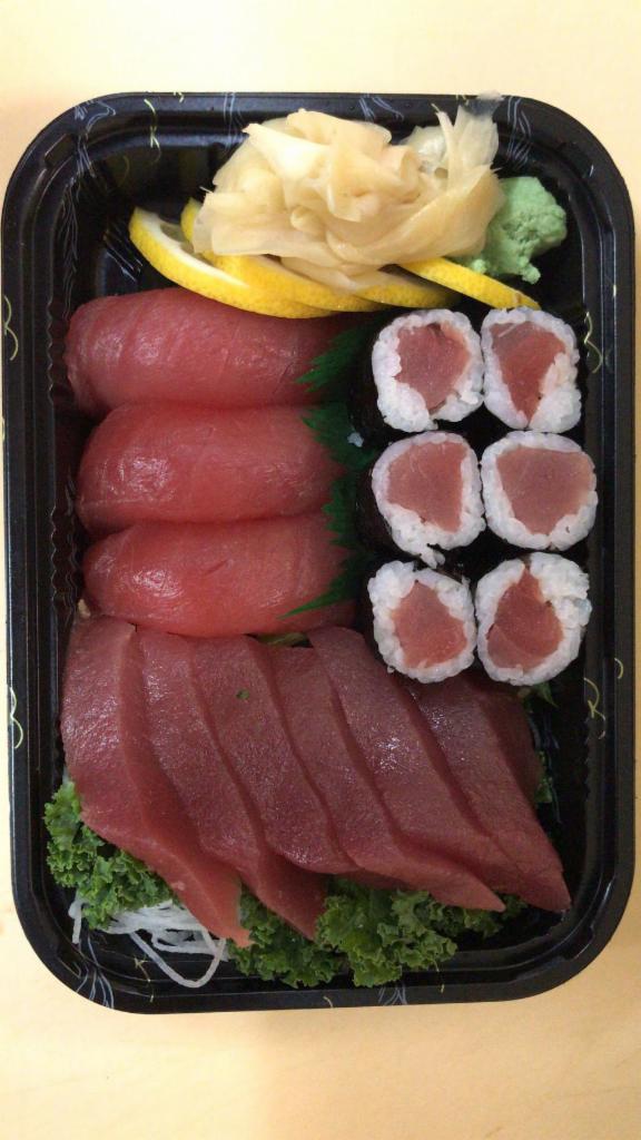 Tuna Special · 3 tuna sushi, 6 tuna sashimi and 1 tuna roll. Served with miso soup and salad.