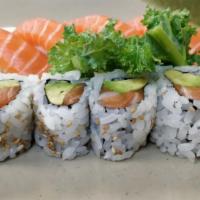 B10. Sushi Box · Salmon Avocado Roll and 4 pieces Salmon. Served with miso soup.