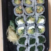 B18. Sushi Box · Avocado Cream Cheese Jalapeno Roll, Spinach Roll and Peanut Avocado Roll. Served with miso s...