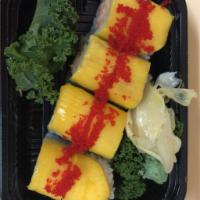 Mango Roll · Lobster salad, crunchy, cucumber inside of sliced mango and topped with tobiko.
