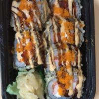 Sunset Roll · Salmon, cream cheese and crab meat roll deep fried and topped with tobiko special sauce.